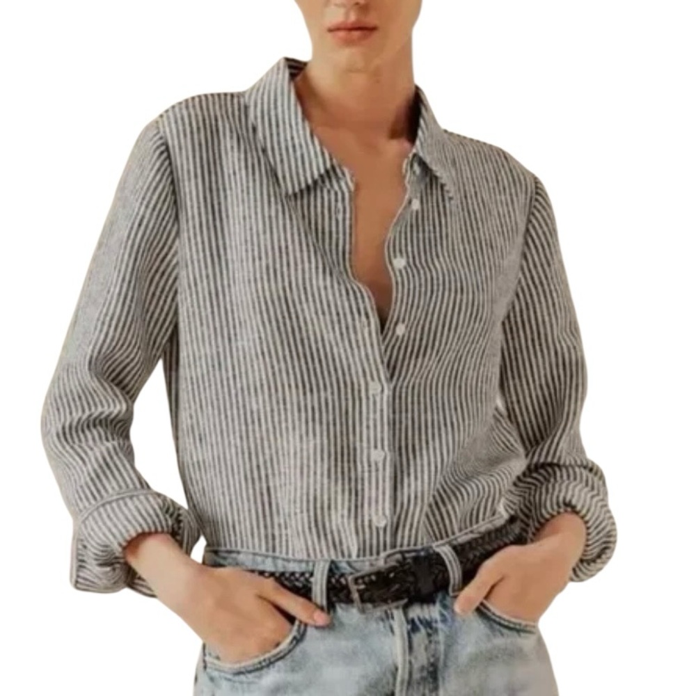 Reformation Relaxed Fit Linen Short Navy Stripe Size Medium
